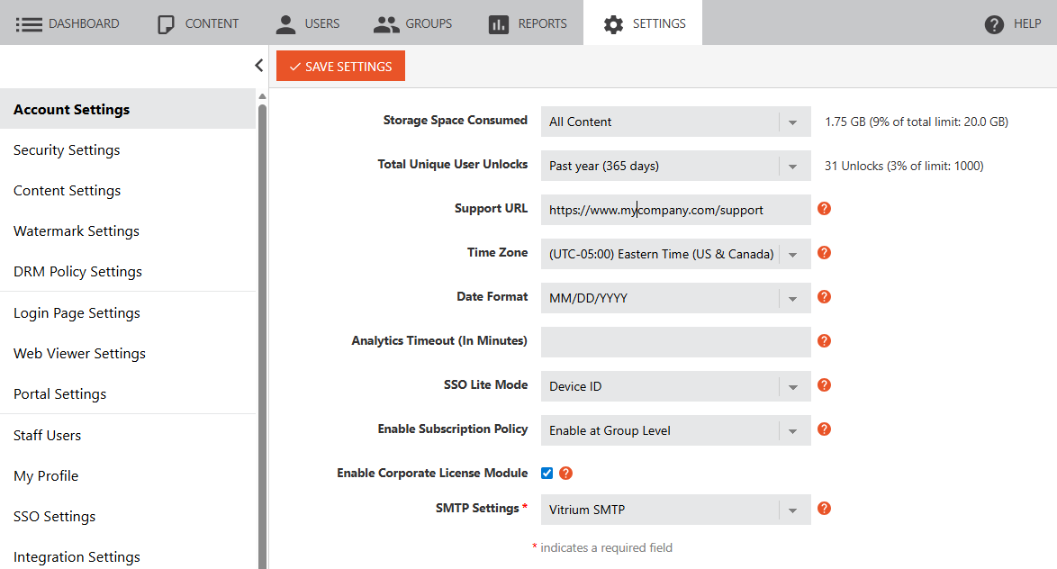 Vitrium Account Settings Screen