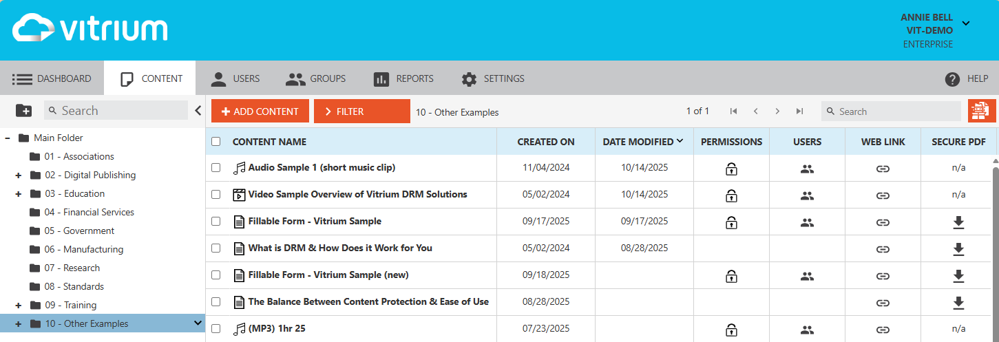 Vitrium Security Admin UI Content View