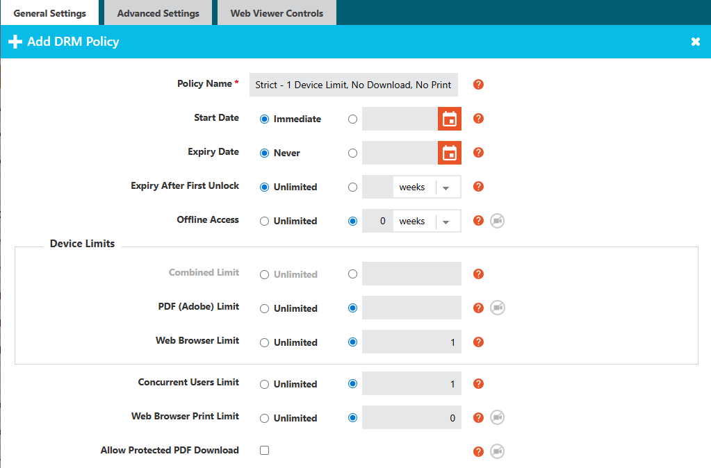 Vitrium's DRM General Settings