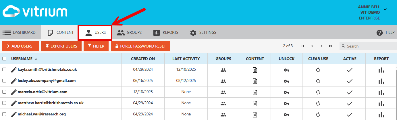 End Users Managed in Users tab of Vitrium