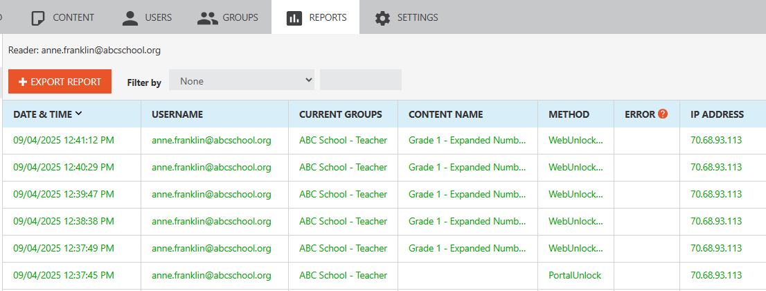 Vitrium User Activity Log Report for Specific User