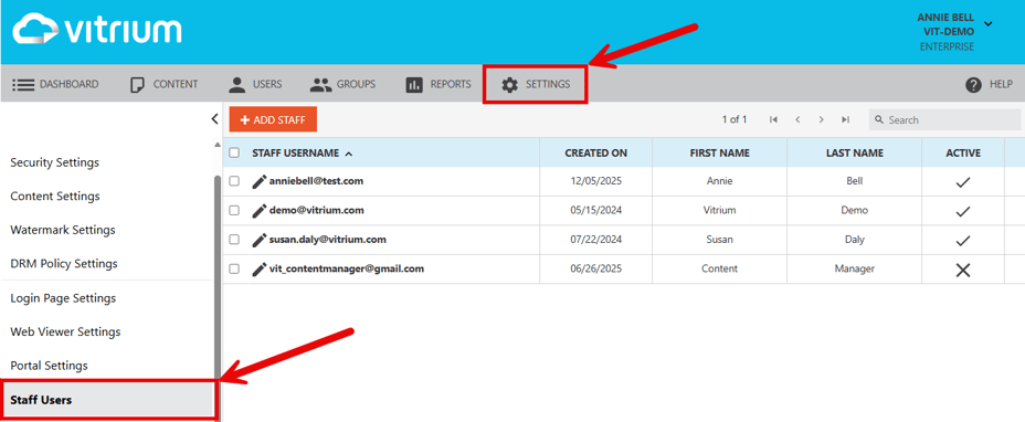 Staff Users Managed in Settings tab of Vitrium