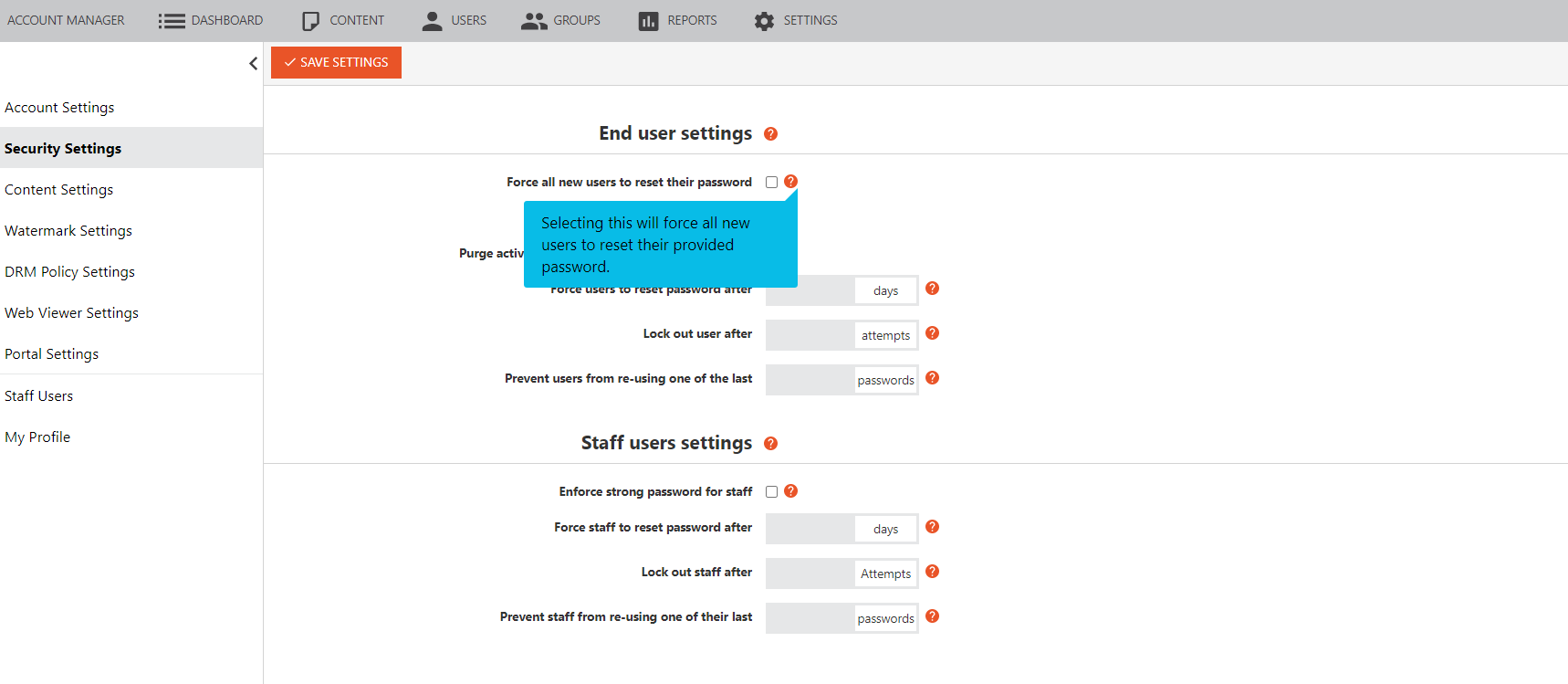 end user settings screen